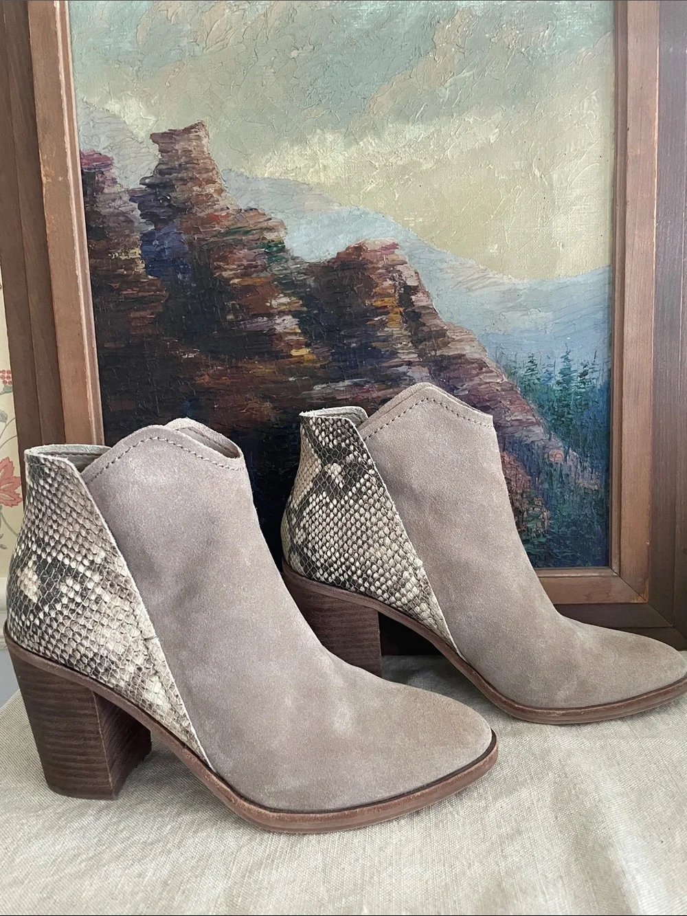 Dolce Vita Taupe Suede Ankle Boots with Snake-Print Accent size 9